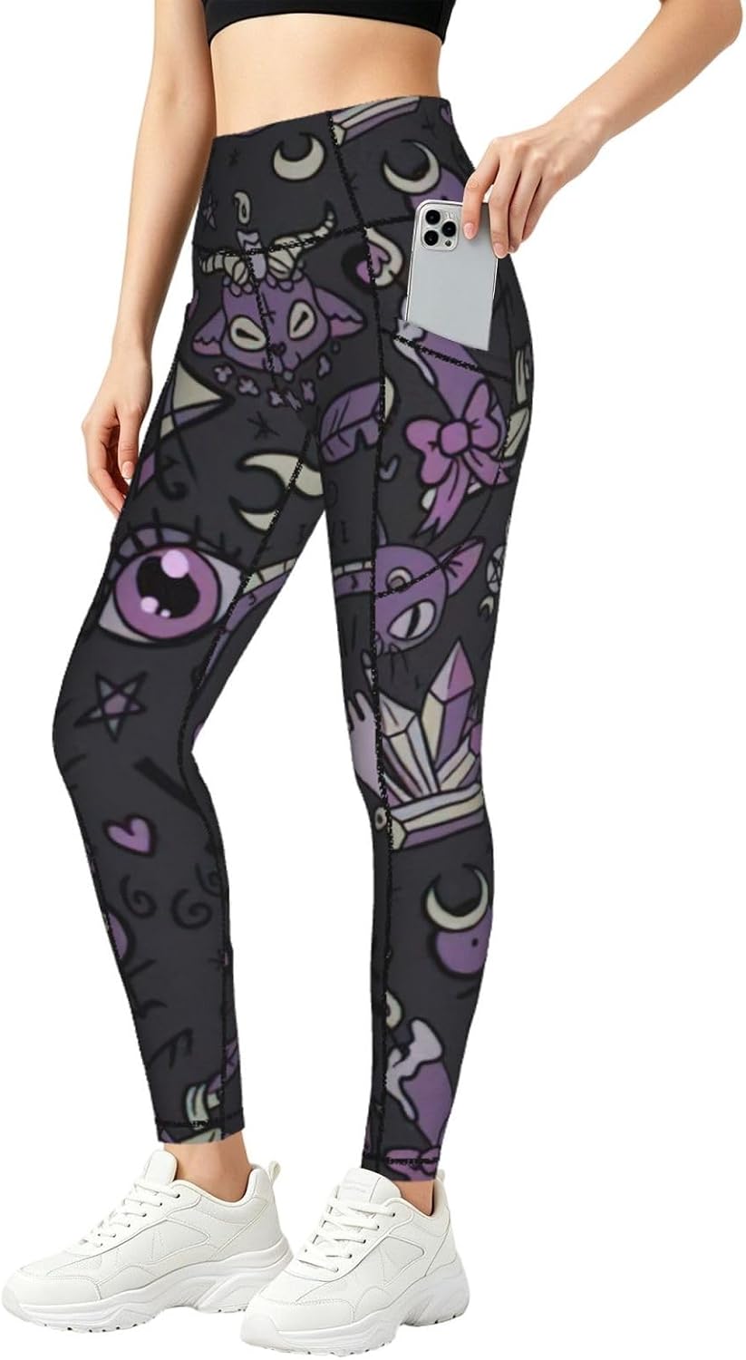 Purple Black Goth Spooky Print Gym Legging with Pocket Yoga Pants for Women High Waisted Sport Running Tights