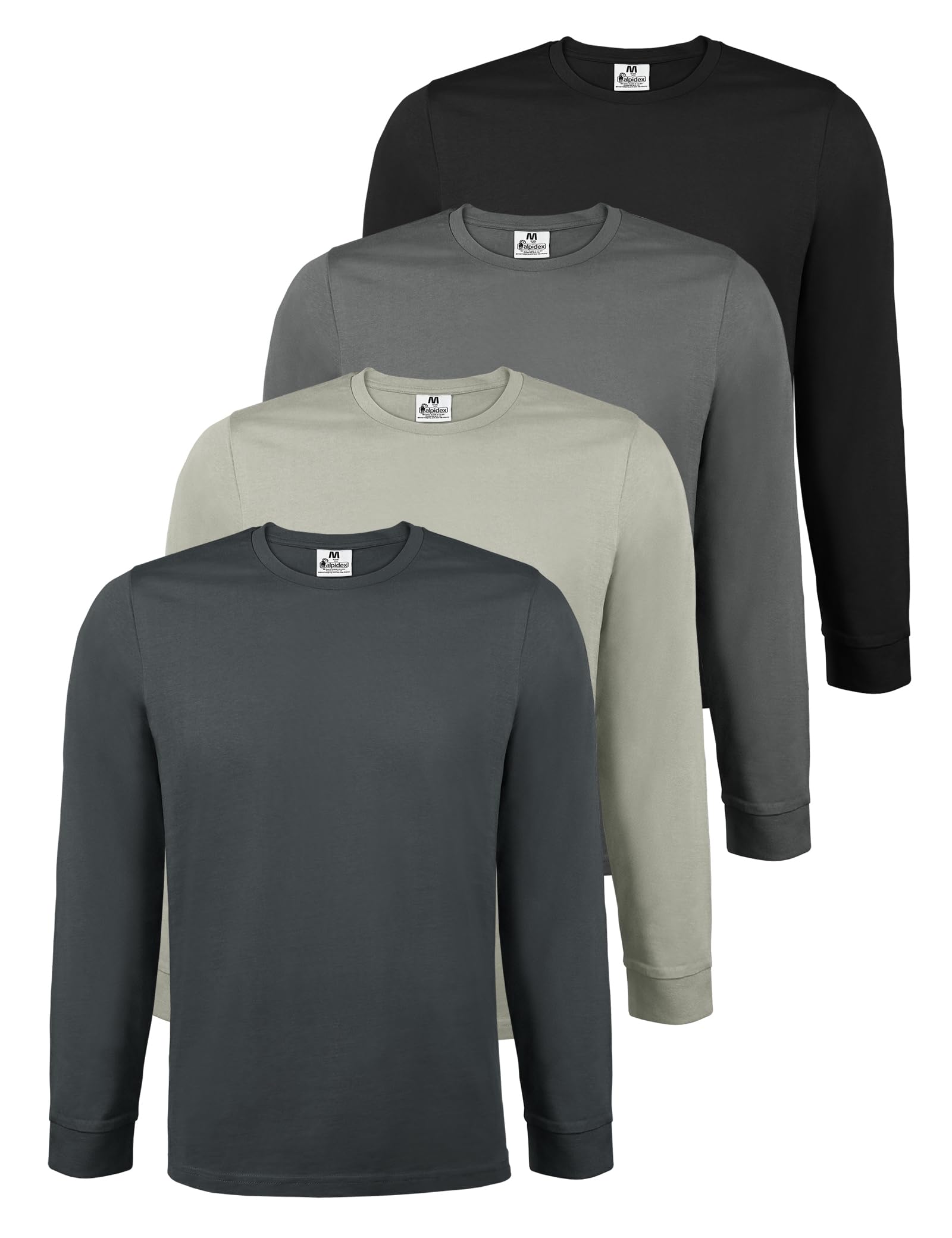 Alpidex Men's Storm Long Sleeve Shirts 4 Pack Basic 100% Cotton Stretch Undershirt Round Neck Plain Base Layer, Size:4xl, Colour: