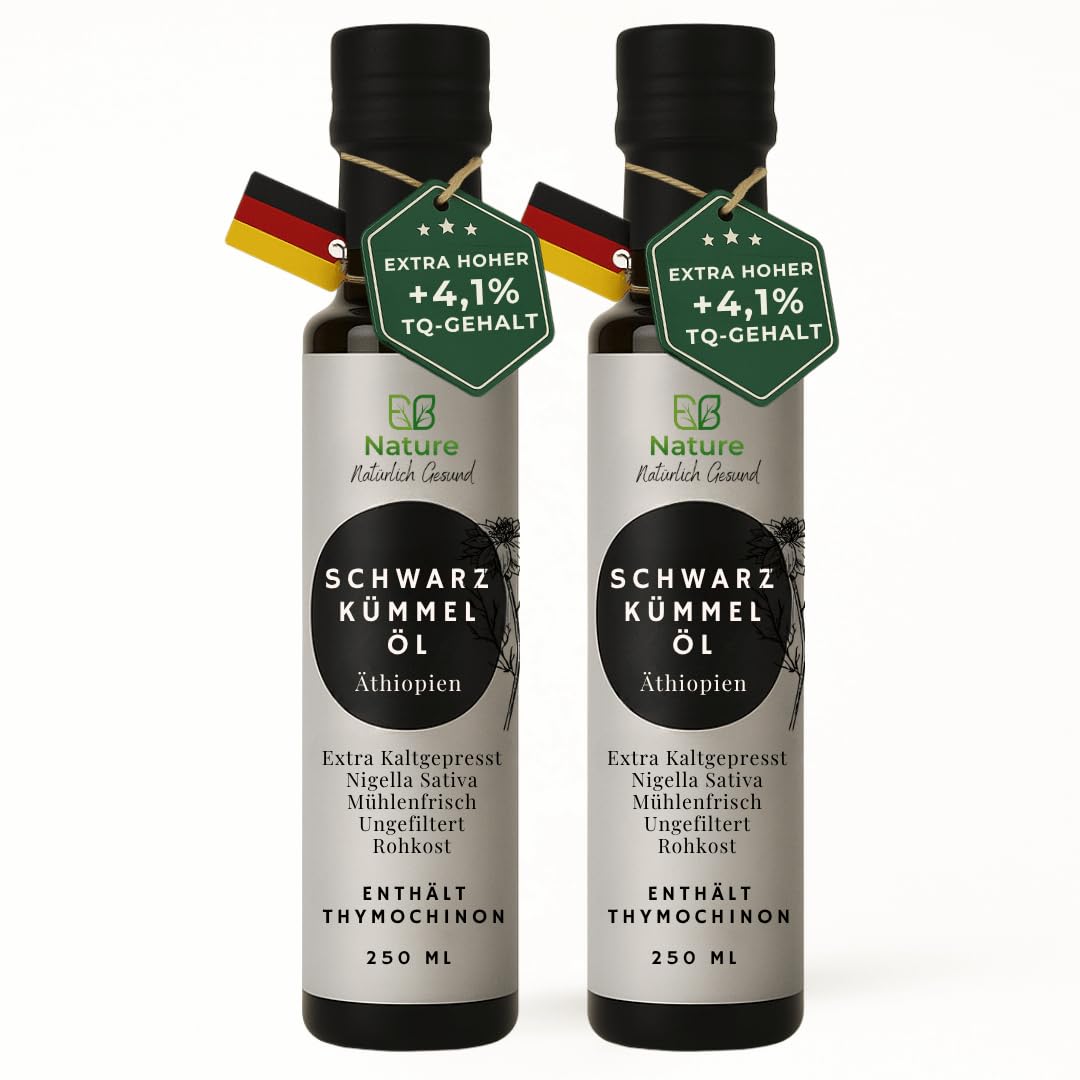E.B. Nature Schwarzkümmelöl ungefiltert kaltgepresst & ungefiltert – Laborgeprüftes Nigella sativa Öl mit 4% Thymochinongehalt, mühlenfrisch und 100% naturrein (2x250ml)