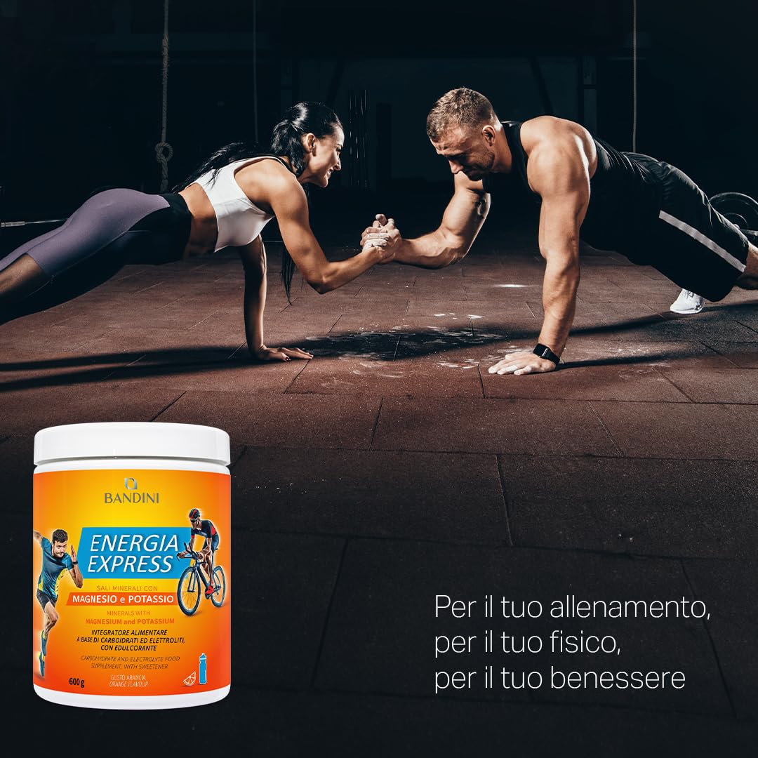 Bandini® Energia Express (MAGNESIO E POTASSIO) 600g Polvere, Sostiene l'organismo con i Sali Minerali, Integratore Alimentare a base di Carboidrati ed Elettroliti con Zuccheri, Palestra ed Allenamento