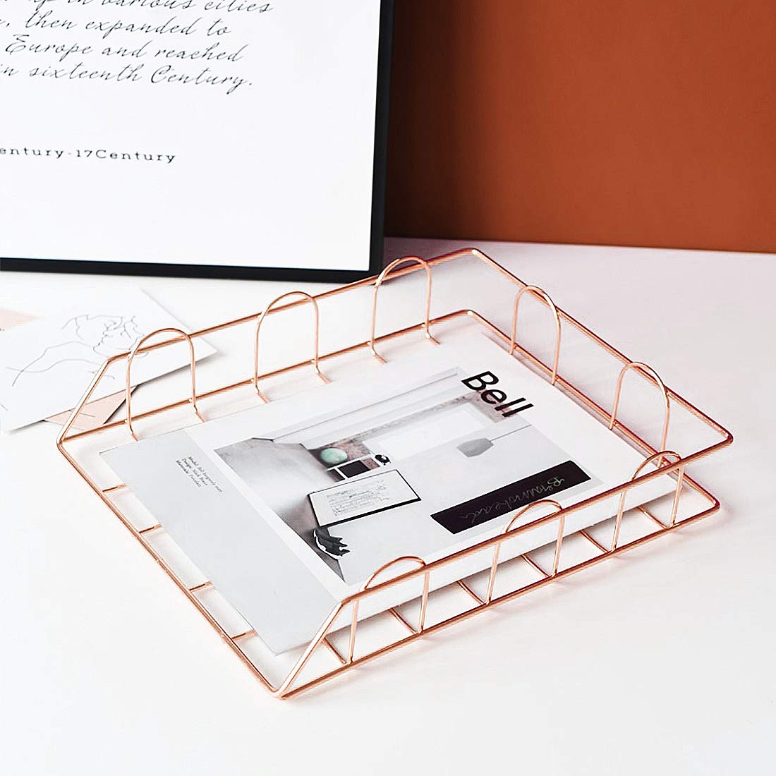 Kertnic 4Tier Stackable Paper Tray Desk Organizer, Rose Gold Metal