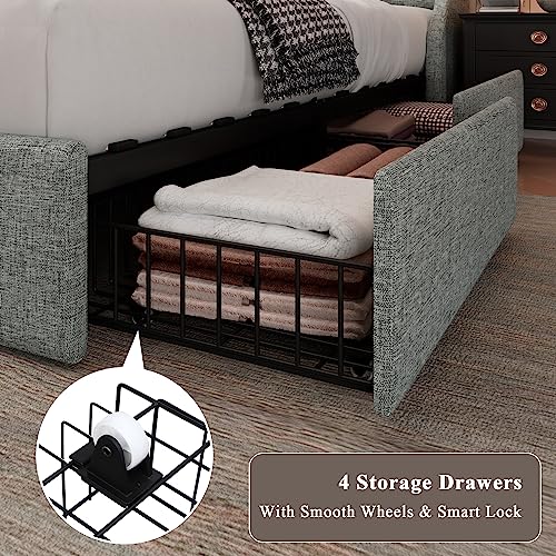 Image of Feonase Upholstered Full Size Bed Frame with 4 Storage Drawers, Charging Station and Tufted Wingback Storage Headboard, No Box Spring Needed, Easy Assembly, Light Grey