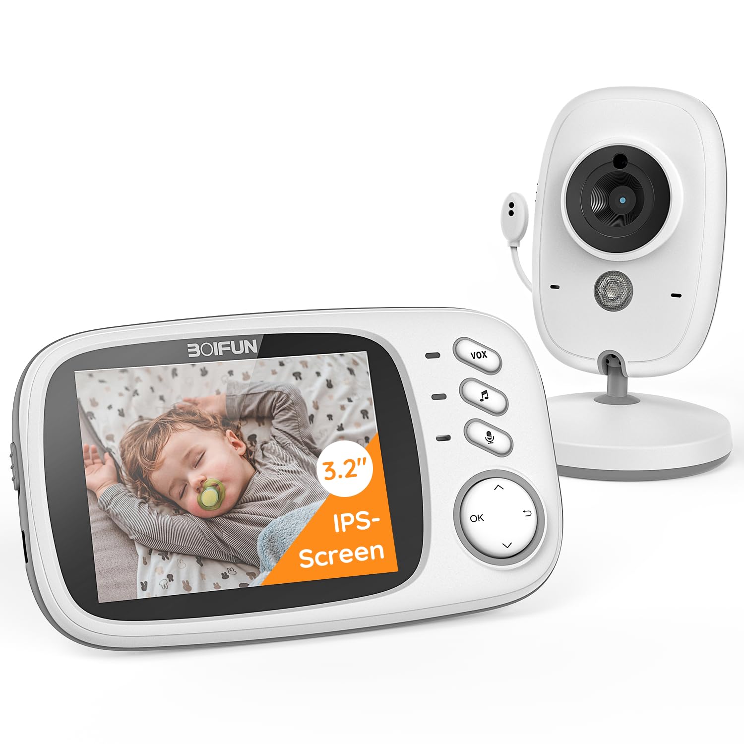 BOIFUN Bébé Moniteur, Caméra Bébé Écran 4" 2000mAh Batterie Rechargeable, VOX Détection du Son, Détection De La Température Et De L'humidité, Vision Nocturne, Soutien Berceuses