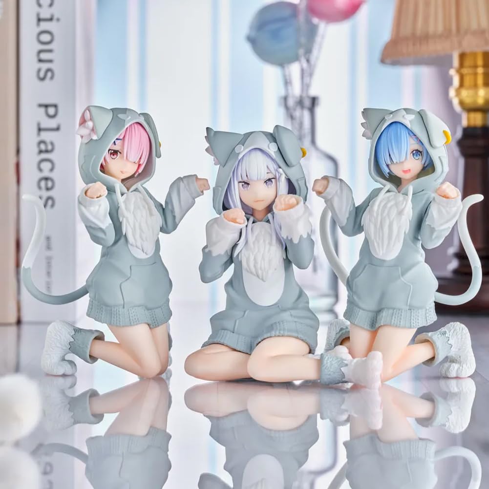 3 sztuki Ram/Rem figurka Anime Re 0 Figure Ram Rem Figurki akcji Kocie uszy Ver Model siedzący statuetka Dekoracja Biurko Ornament Artykuł kolekcjonerski