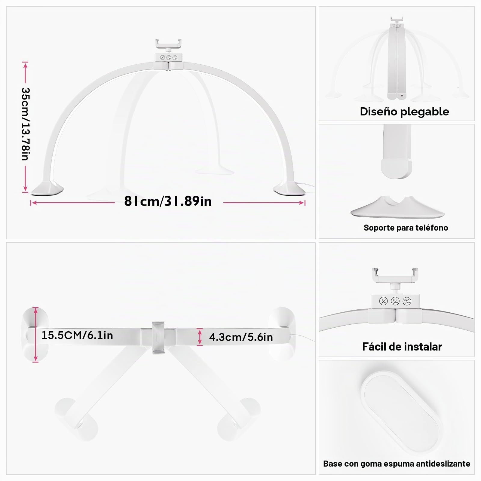 Lampara Media Luna, 81CM 48W Arco de Luz para Uñas, Blanco | Lámpara de media luna con Soporte, lampara de uñas led aro de luz manicura profesional para estetica de pestañas tatuaje