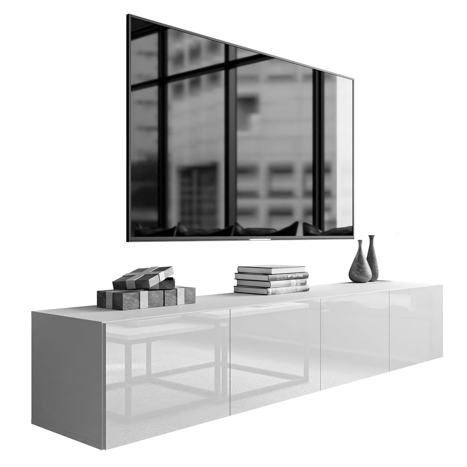 Lookway COLGANTE 200 cm TV-Schrank in Blanc Hochglanz – Hängende TV-Konsole mit optionaler LED-Beleuchtung (ohne LED Beleuchtung)