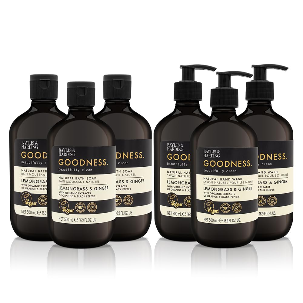 Baylis & Harding Goodness Lemongrass & Ginger Toiletries Bundle: 3 x 500 ml Hand Wash & 3 x 500 ml Bath Soak (6 bottles) - Vegan Friendly