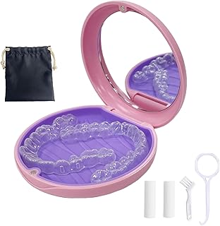 Retainer Case,Aligner Case with Mirror,Round Retainer Holder with Aligner Remover Tool, Chew & Brush,Rope Bag Sets (Pink Outside Purple Inside)