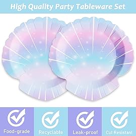 ZOIIWA 96 Pieces Mermaids Themed Party Decorations Mini Under the Sea Tableware for Girls Clam Shell Dessert Plates Napkins Forks for 24 Guests Birthday Party Favors