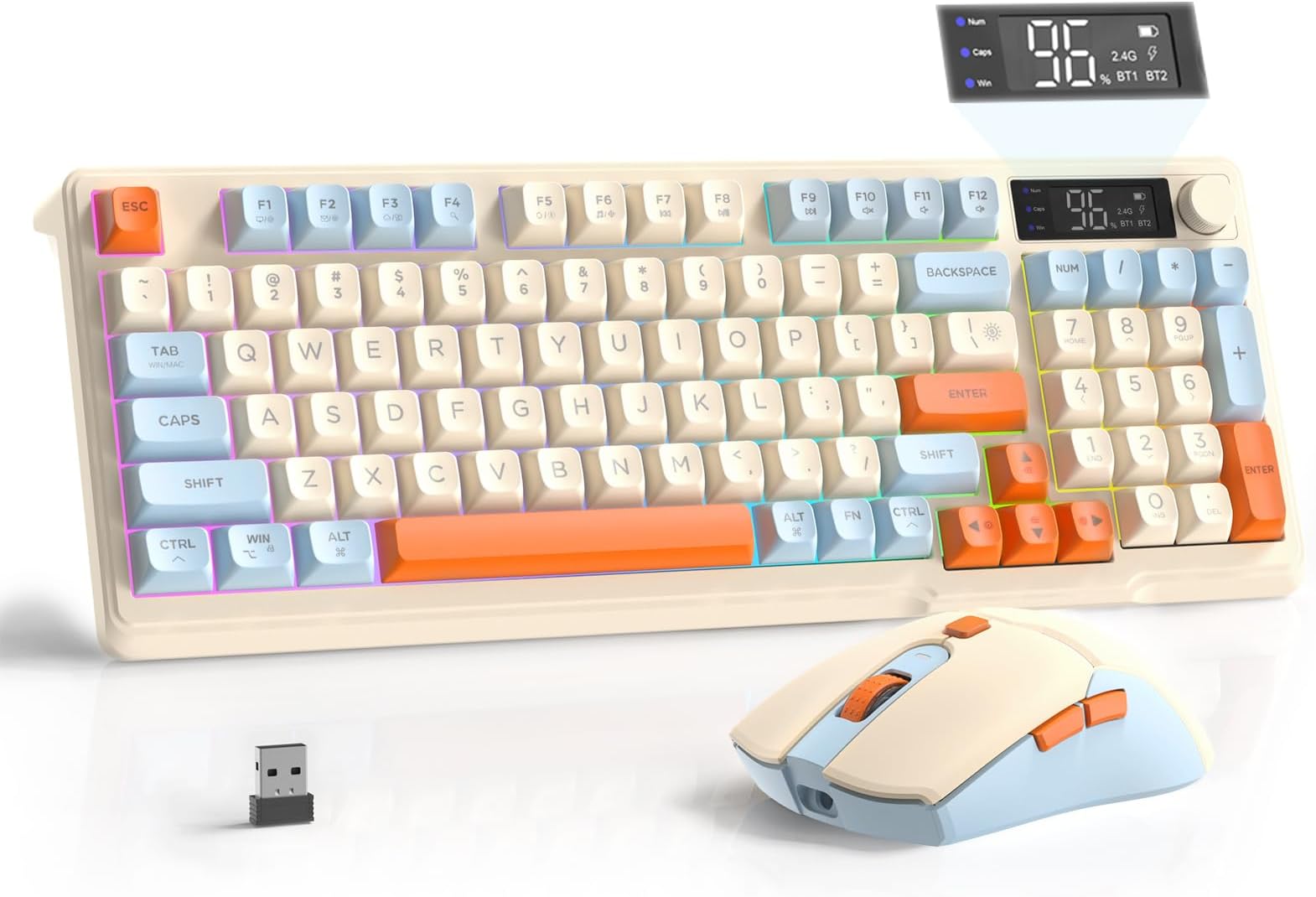 FREEWOLF T96 Wireless Keyboard and Mouse Combo, Retro, BT & 2.4G Modes, PBT Keycaps, Media Knob, Display Screen, Silent Keys, 26-Key Anti-ghosting, American QWERTY, for Mac/Windows/Linux (Blueberry)