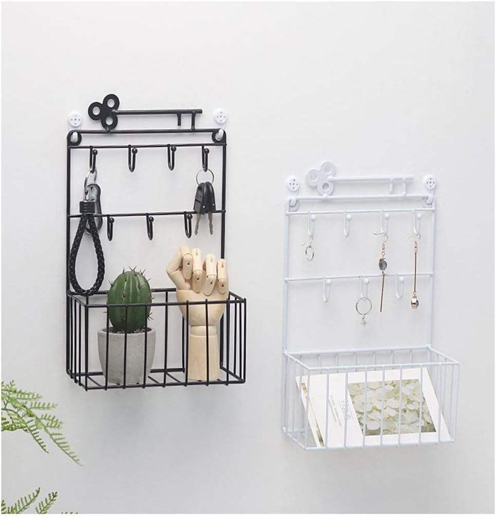 2 Pcs/Set Wall Key Hook Hanging Basket Wrought Iron Shelf Creative Wall Decoration Multifunctional Storage Rack (Color : A) (A) image 5
