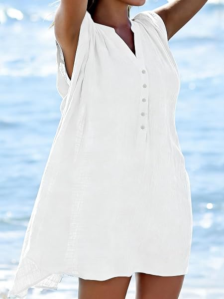 JFAN Camisolas Playa Mujer Verano Vestido de Playa Cuello V Camisa Sin Mangas Suelta de Bikini Cover Up Beachwear - 3