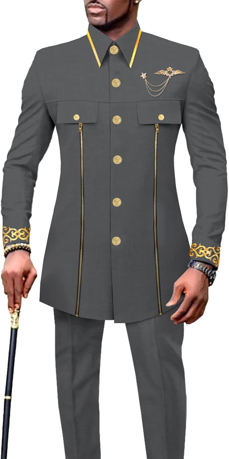Men`s Suits African Clothes Slim Fit Embroidery Single Breasted Zip Blazer and Pants Set Formal Outfits
