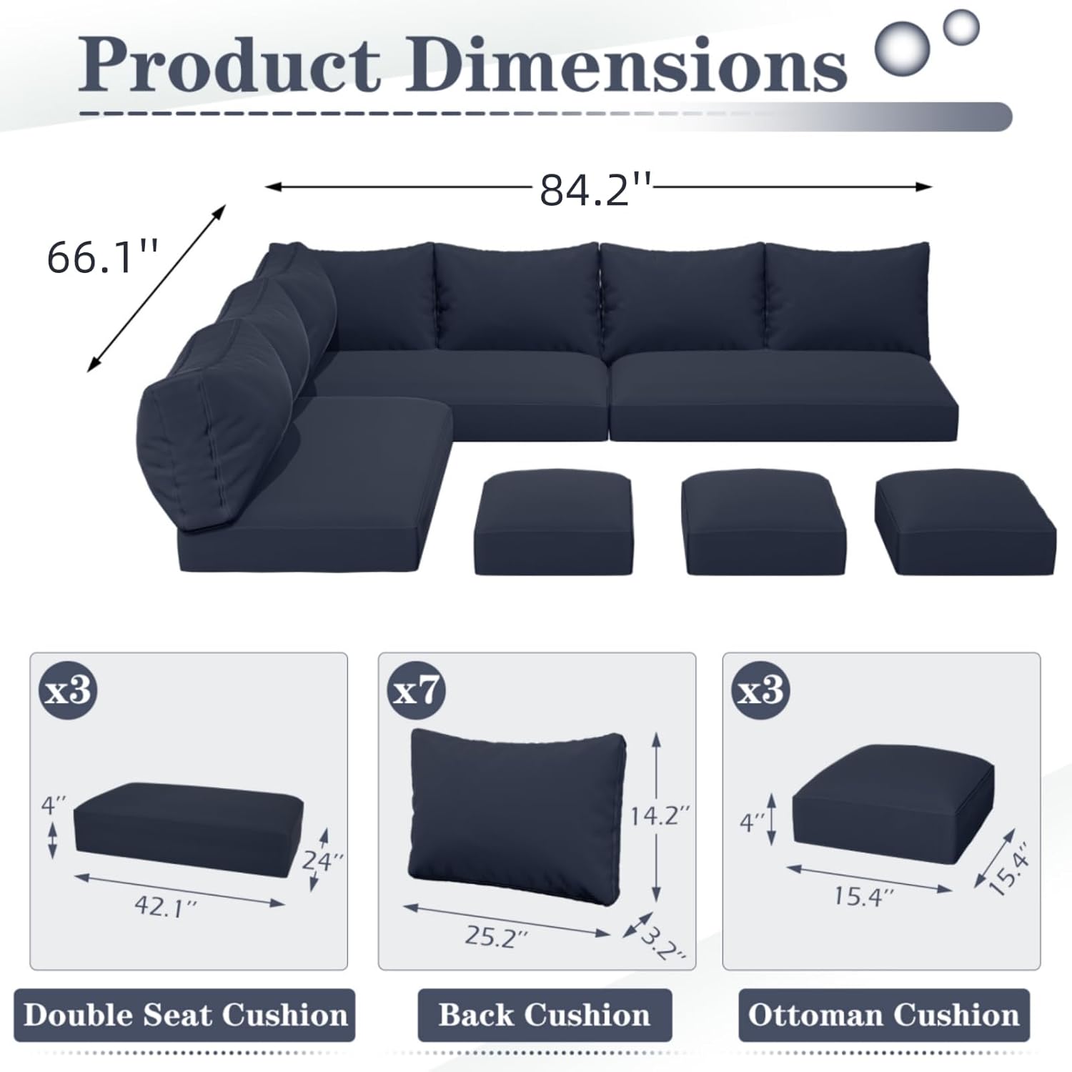 U-MAX Outdoor Cushions for Patio Furniture, 4 inch Memory Foam Patio Cushion Replacement for Outdoor Furniture, Fits 7-Seats Sectional Wicker Conversation Set, Navy