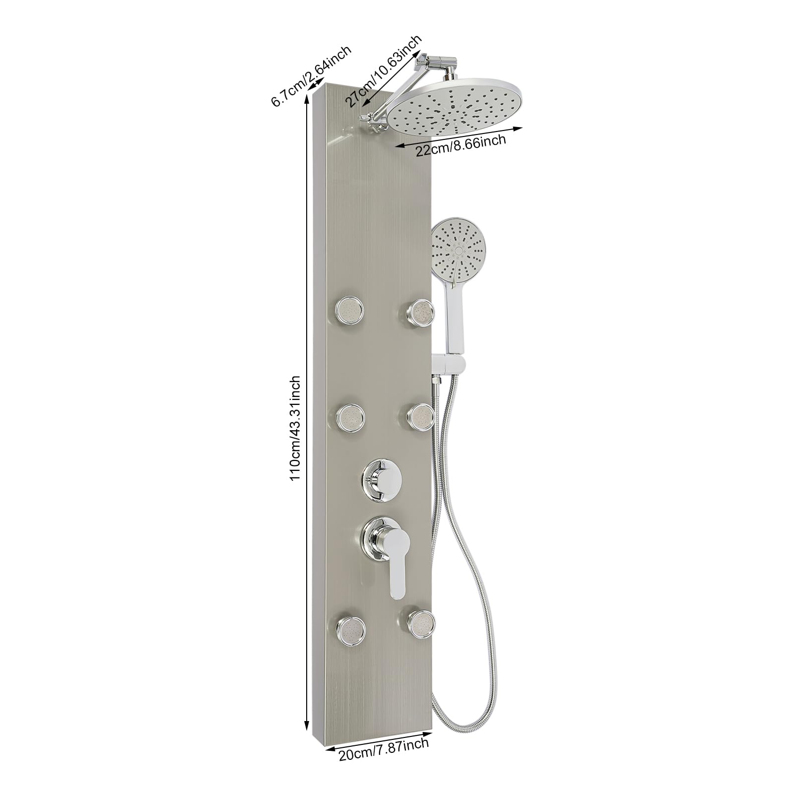 Panel prysznicowy z 6 regulowanymi dyszami do masażu 22 cm i 3-stopniową słuchawką prysznicową, kolumna prysznicowa ze stali nierdzewnej z wężem 1,5 m, zestaw paneli prysznicowych montowany na ścianie