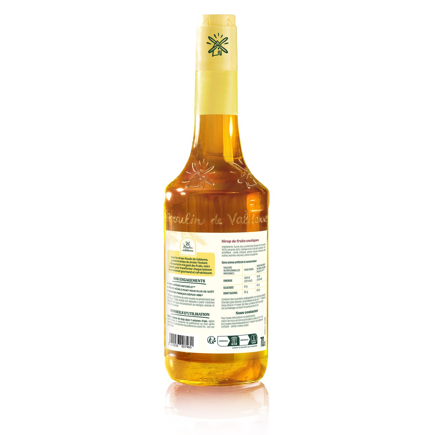 MOULIN DE VALDONNE Sirop Voyage Exotique 70 cL — Sirop de Fruits aux Arômes Naturels, Bouteille en Verre - Lot de 3