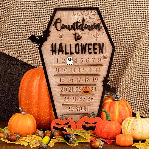 BOFUNX Halloween Adventskalender Halloween Deko mit Geist und Kürbis Beweglicher Holzblock Halloween Countdown Kalender aus Holz für Halloween Party Ornament