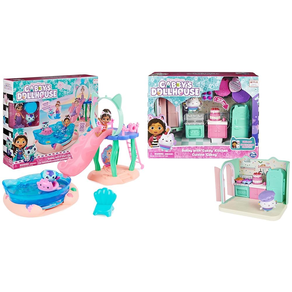Gabby's Dollhouse, Purr-ific Pool Playset with Gabby and MerCat Figures & Bakey with Cakey Kitchen with Figure and 3 Accessories, 3 Furniture Pieces and 2 Deliveries, Kids’ Toys for Ages 3 and above