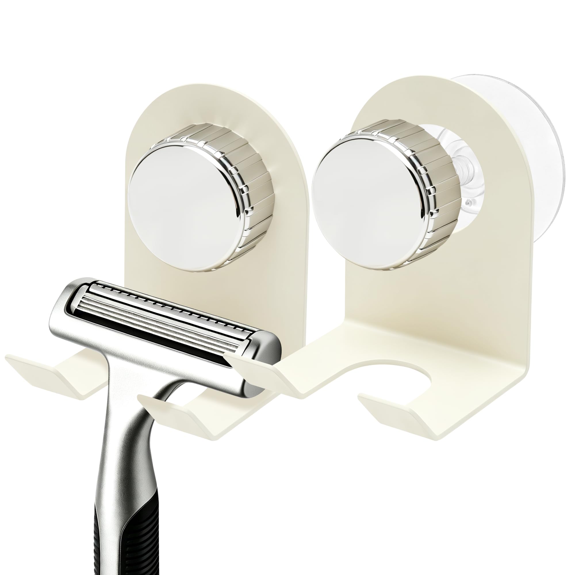 Yurifaz 2-Pack 2-in-1 Suction & Self Adhesive Dual-Hook Shower Razor Holder Stand, No Drill Wall Mounted for Bathroom Kitchen, Holds Razors, Body Shavers, Plugs, Towels, Cream White