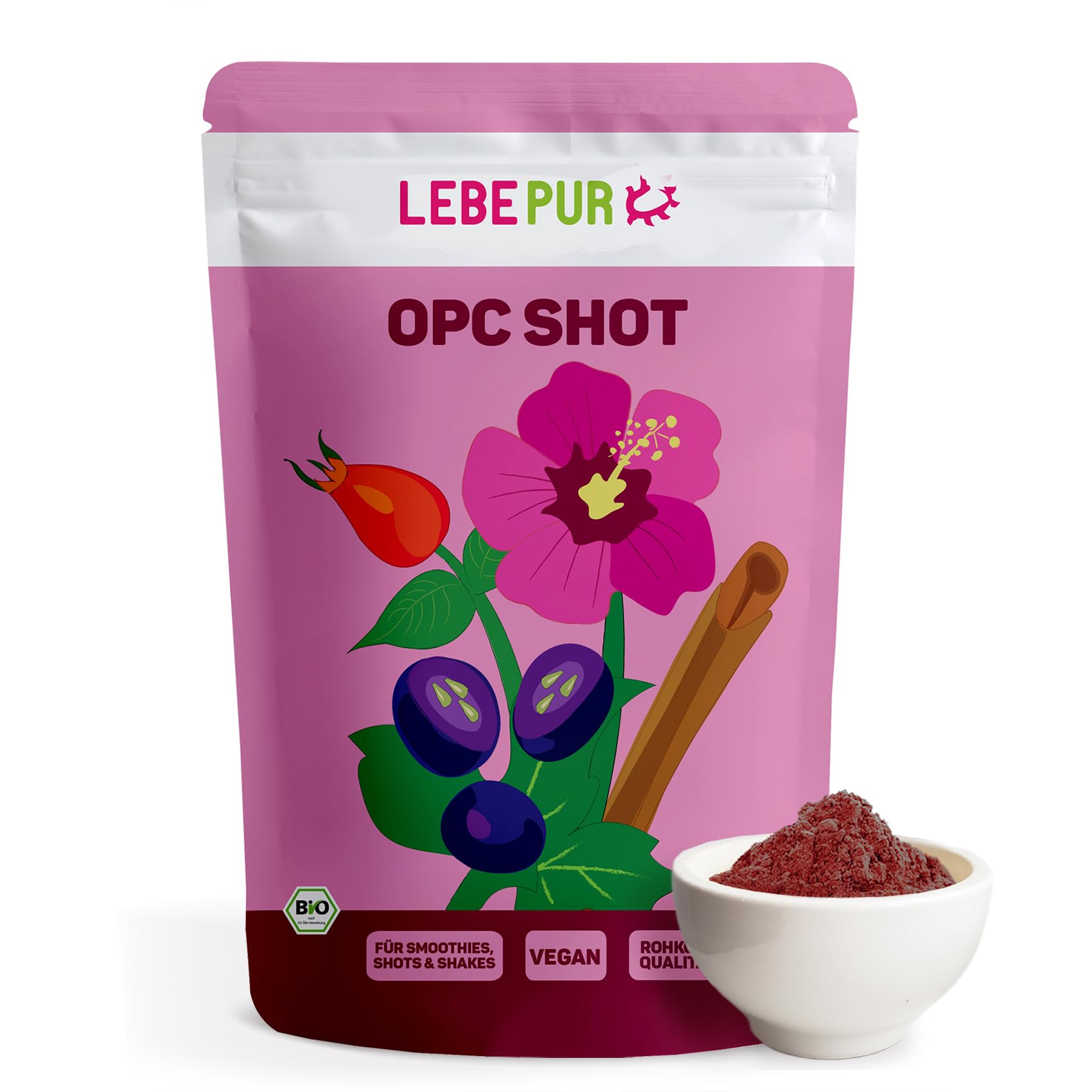 Lebepur BIO OPC Shot Pulver 500g - Traubenkernmehl mit 6300 mg OPC pro 100 g - aus biologisch angebauten Traubenkernen, fein gemahlen, für Smoothies, Shakes oder Müsli