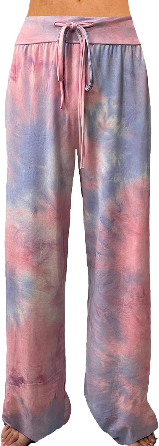 ROSA JUNIO Comfy Pajama Pants for Women Casual Drawstring Floral Palazzo Lounge Pants Stretch Wide Leg Bottoms