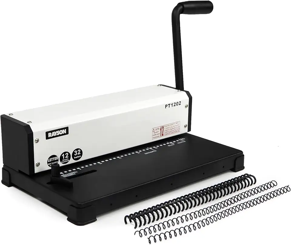 Rayson PT1202 Coil Binding Machine, 3:1 Pitch, 32 Hole Punch for Spiral &amp; Click Binding Spines, Metal Spiral Binder Hole Punch, Punches 12 Sheets at a Time