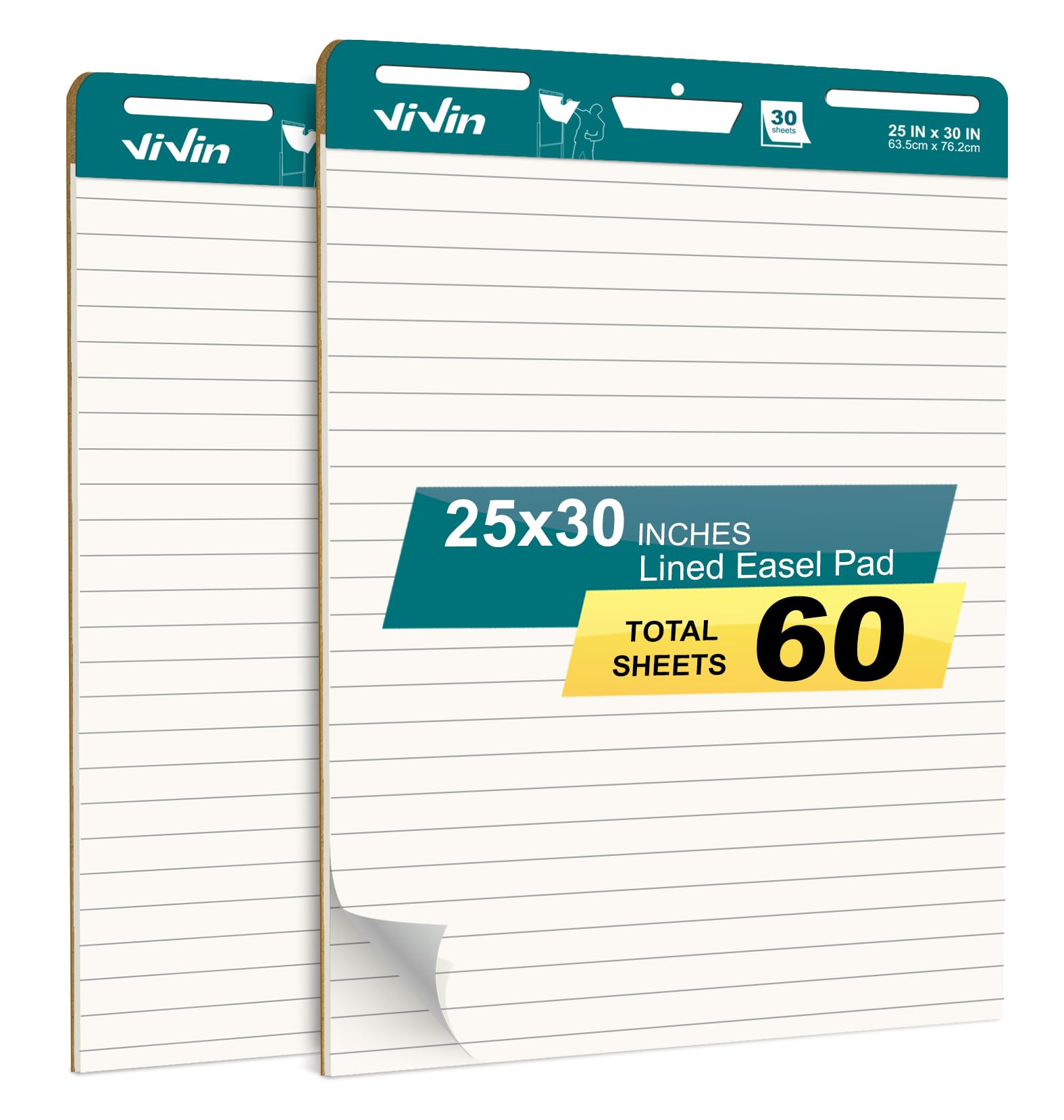 ViVin Lined Sticky Easel Pad, 25 x 30 Inches Flip Chart Paper for Teachers and Students, Large Self Stick Easel Paper, Teacher Anchor Chart, 30 Sheets