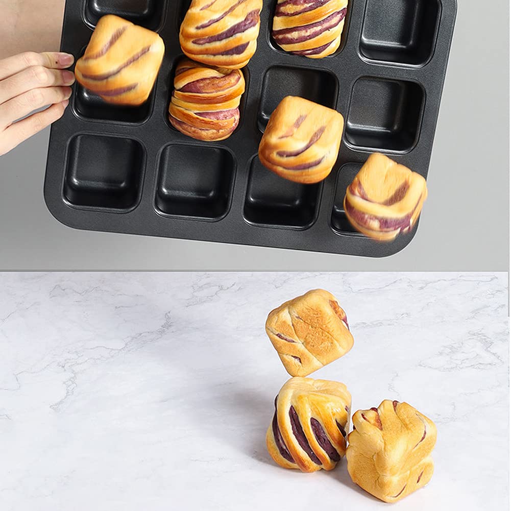 CANDeal Moule à Brownie Antiadhésif De Taille Morsure, Mini Moule à Pain à 12 Cavités Pour La Cuisson, Moules à Muffins Carrés En Acier Au Carbone Robuste