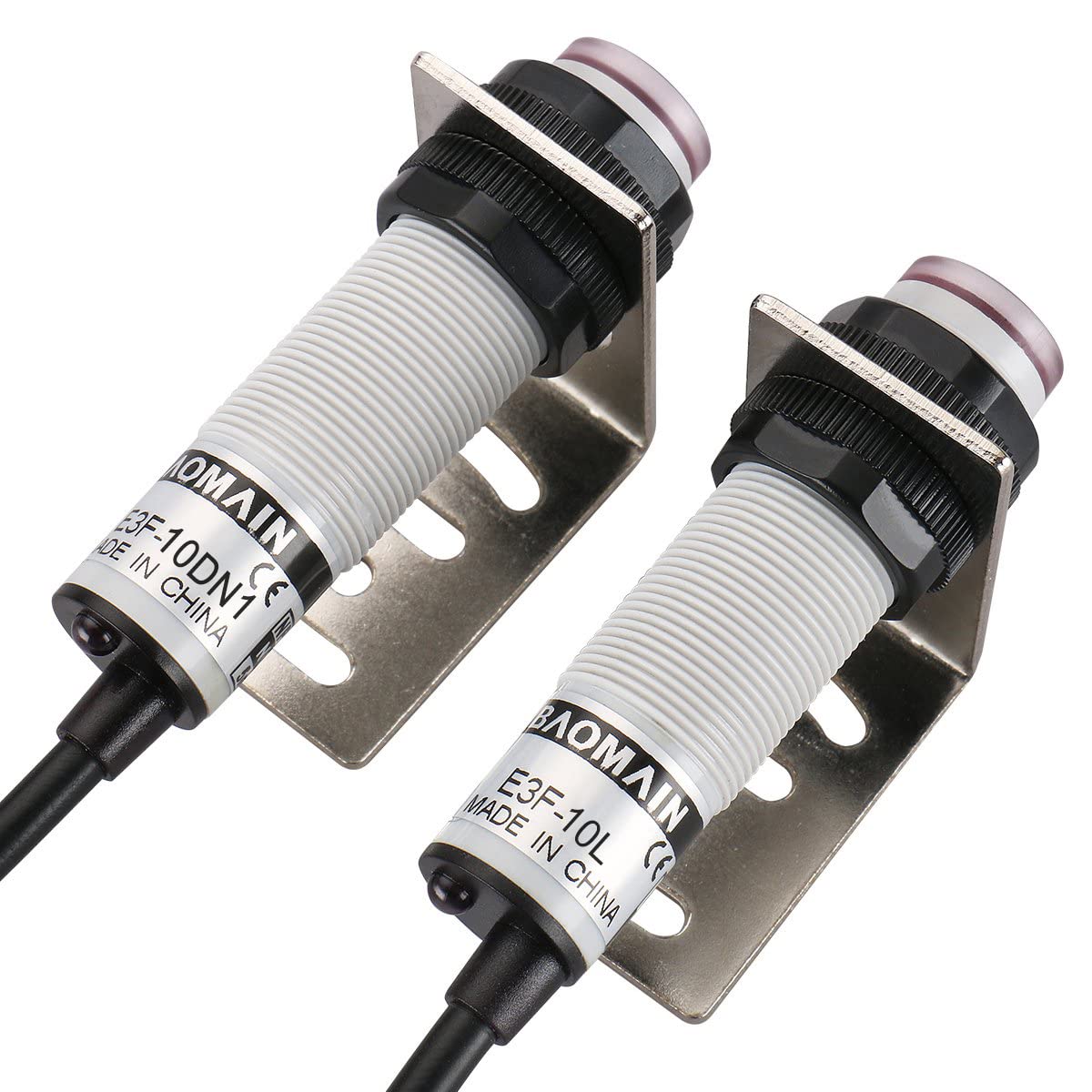 Baomain 1 Pair M18 Infrared Ray Through-Beam Reflection Optical Photoelectric Sensor Switch E3F-10DN1/E3F-10L NPN NO 10-30VDC Sensing Distance 10m 3 Wires with Mounting Bracket