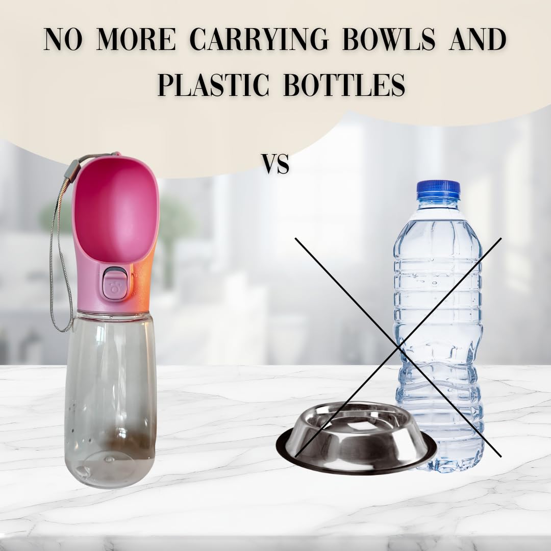 Dog Water Bottle – Portable Leakproof Design with Built-in Drinking Bowl, Perfect for Walks and Outdoor Adventures (Pink,18oz)