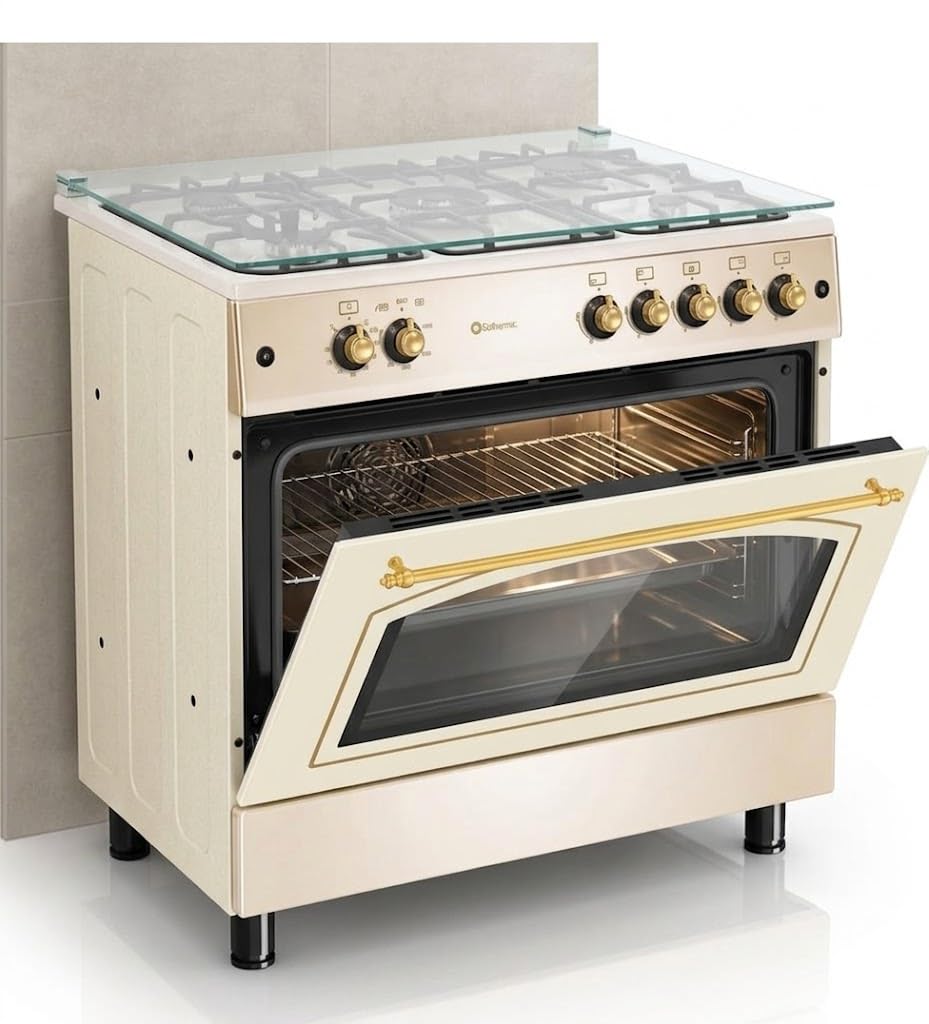 SOLTHERMIC F9L50G2-C COCINA CREMA RUSTICA CON MANDOS DORADOS/ANCHO 90 CMS / 5 FUEGOS/HORNO PANORAMICO 115 L. / GAS BUTANO Y GAS CIUDAD/ENTREGA A DOMICILIO Y RETIRADA DEL USADO GRATIS