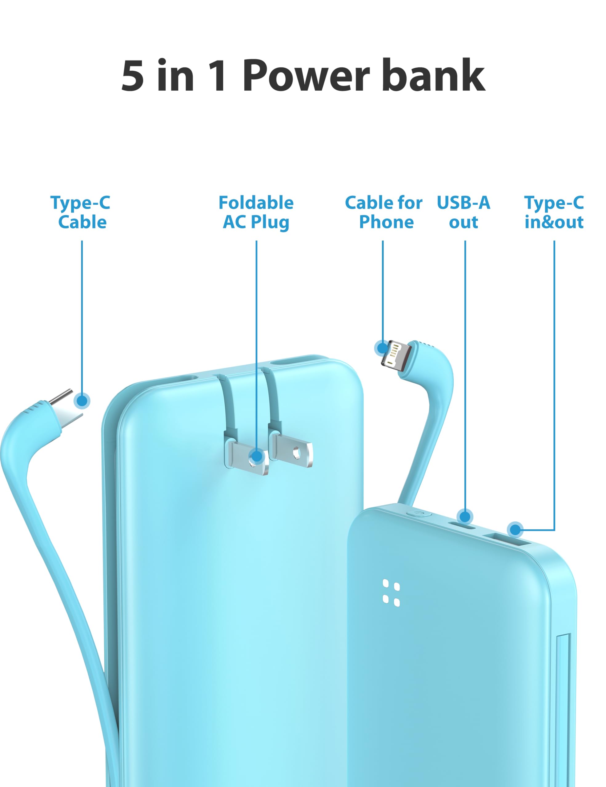 Alongza Portable Charger Built-in Cables and AC Wall Plug, Slim Fast Charging Power Bank 10000mAh, Lightweight USB C External Battery Pack Compact Travel Cell Phone Charger