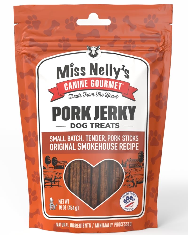 Miss Nelly's Canine Gourmet Jerky Dog Treats - All Natural Pork Jerky Dog Treats Made in USA Only - Original Smoke House Recipe - Minimally Processed Soft Sticks Dog Jerky Treats - 16 oz. Bags