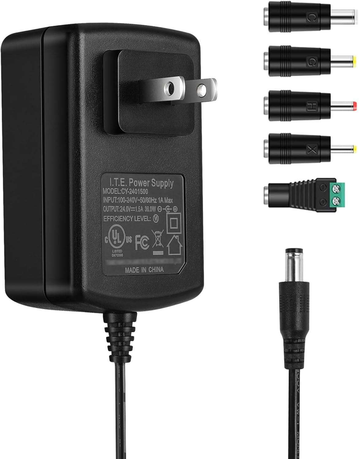 DC 24V 1.5A Power Supply Adapter, 100-240V 50-60Hz to DC 24 Volt Power Cord 1500mA 1000mA 500mA Converter Transformer Switching Power Supply for Diffuser Humidifier,LED Strip Light,Massage Gun,5 Tips