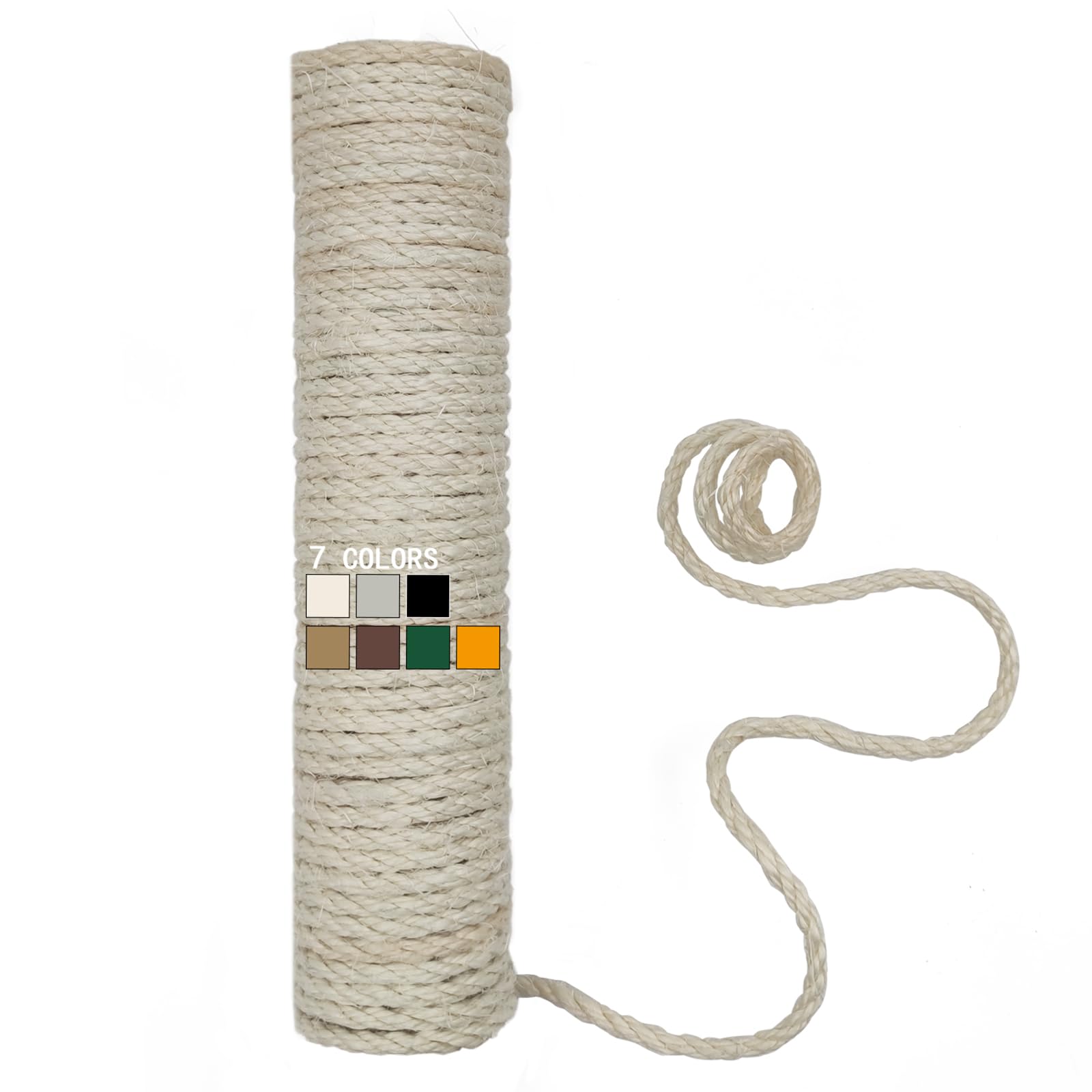 XRzitky Natural Sisal Rope for Cat Scratcher, 1/4 Inch 32FT Sisal Rope for Cat Scratching Post Repair Replacement, Multi Color Cat Scratch Tree Rope