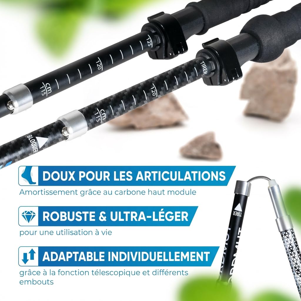 NORDMUT® Bâtons de Randonnée Pliables en Aluminium ou Carbone Ultra-léger – à partir de 1,50 m ou 1,65 m – Bâtons de Trekking Stables avec Poignées Ergonomiques –