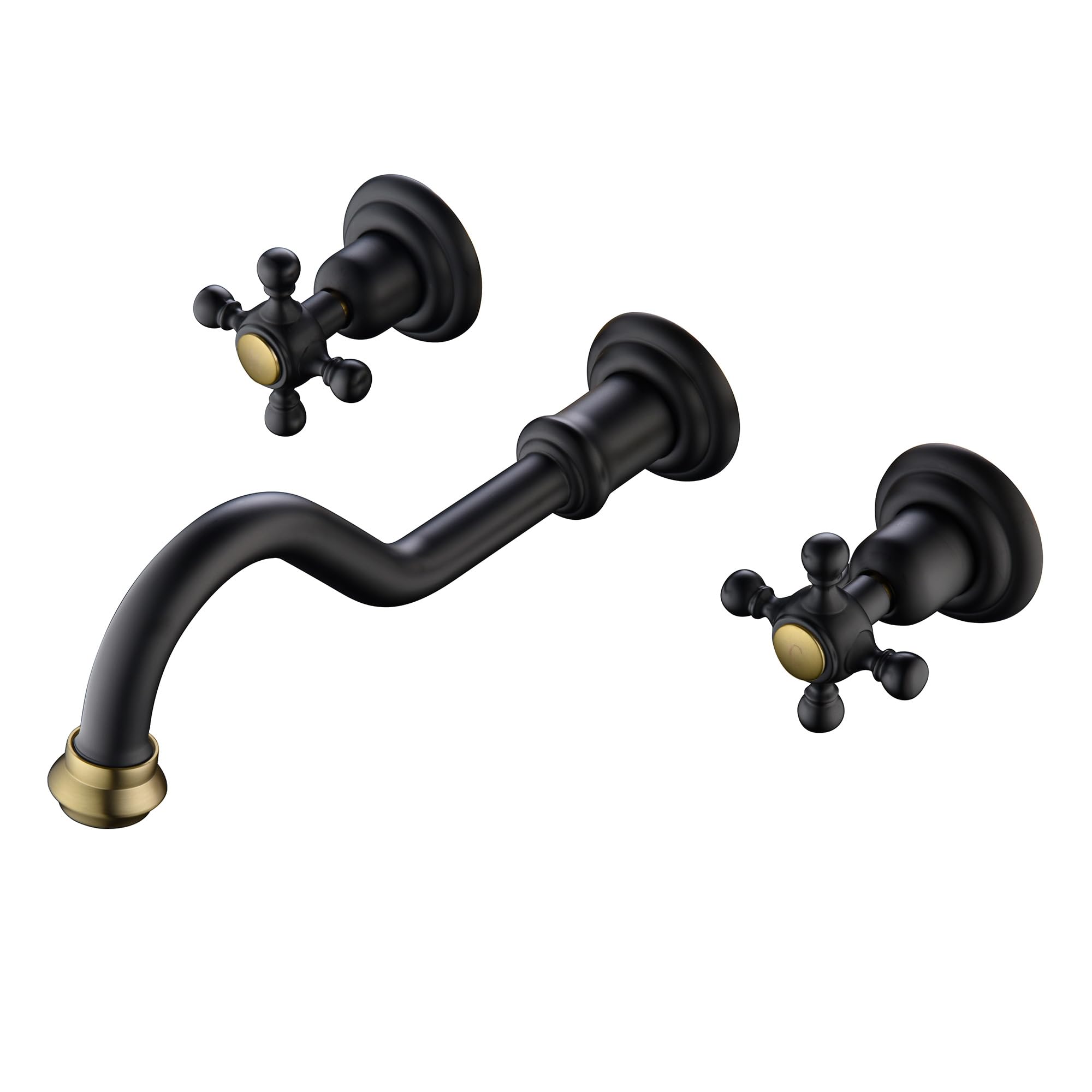 SUMERAIN Vintage Wall Mount Vessel Sink Faucet - 3 Holes Cross Handles Black and Gold Lavatory Basin Sink