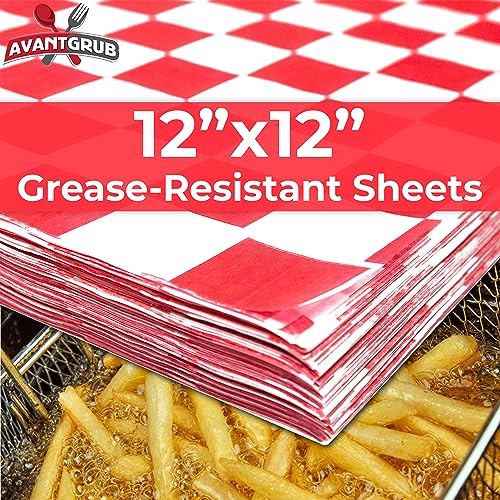 Image of Avant Grub Deli Paper 300 Sheets. Turn Your Backyard Cookout Party into a Classic Drive-In with Red & White Checkered Food Wrapping Papers. Grease-Resistant 12x12 Sandwich Wrap Prevents Food Stains!