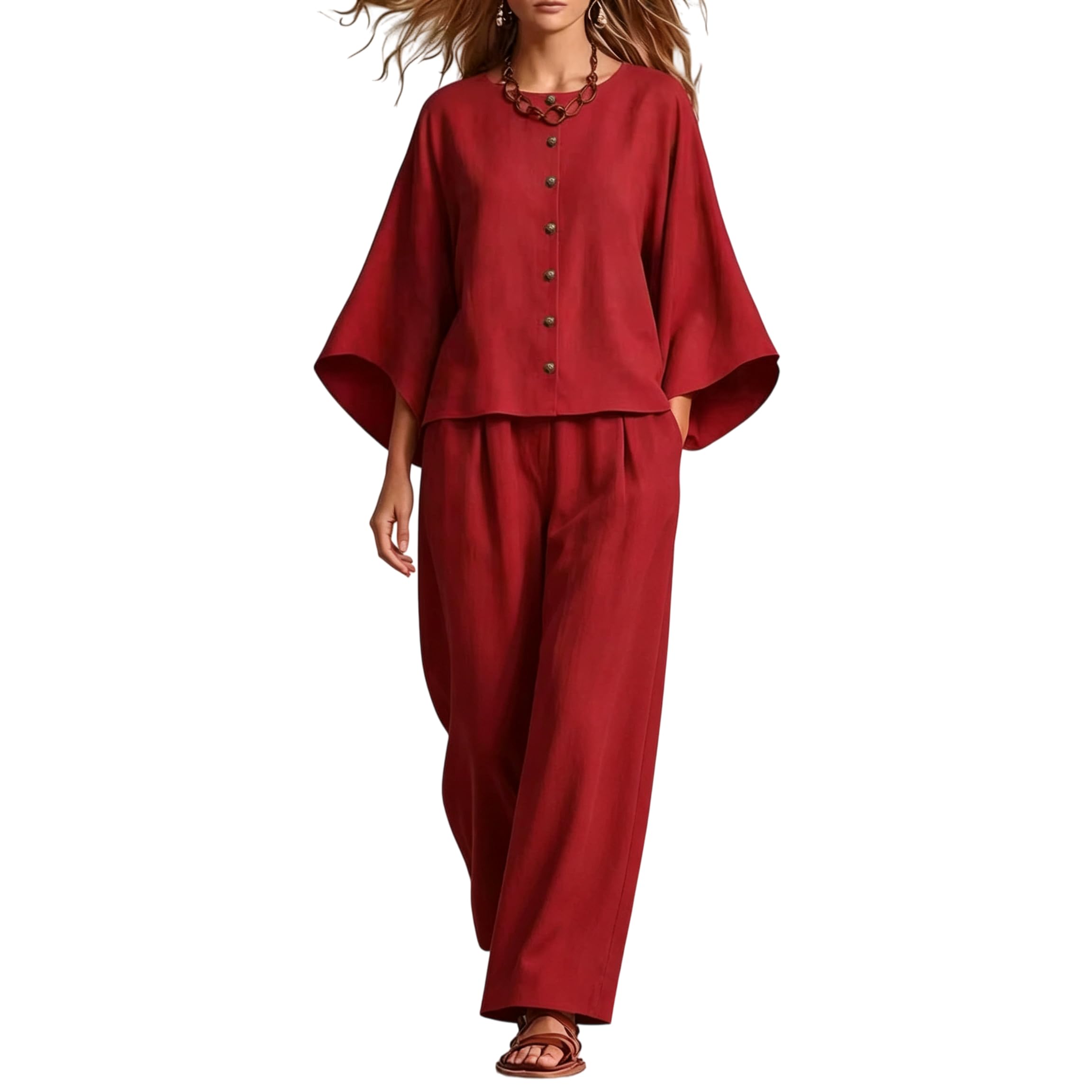 Completo Da Casa Da Donna Composto Da Due Pezzi: Top Con Bottoni Sul Davanti E Pantaloni A Gamba Larga. Outfit Casual, Vestibilità Ampia, In Cotone. Elegante, Leggero, Ideale Per Viaggi, Vacanze E