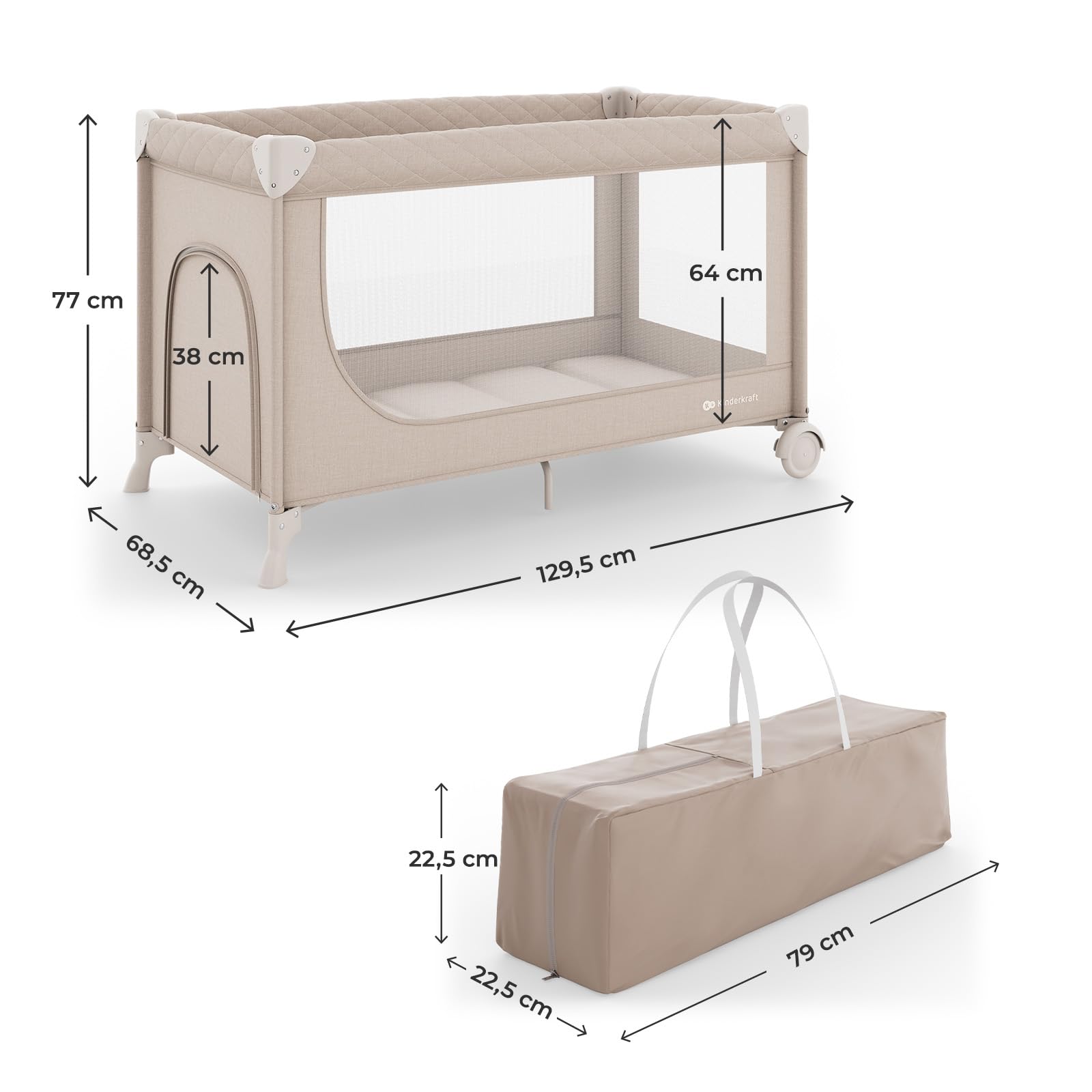 Kinderkraft LEODY UP lit bébé et lit de Voyage 2-en-1, Parc sécurisé, Pliage en Un Geste, 2 Niveaux de Couchage, roulettes avec Frein, entrée latérale zippée, Beige