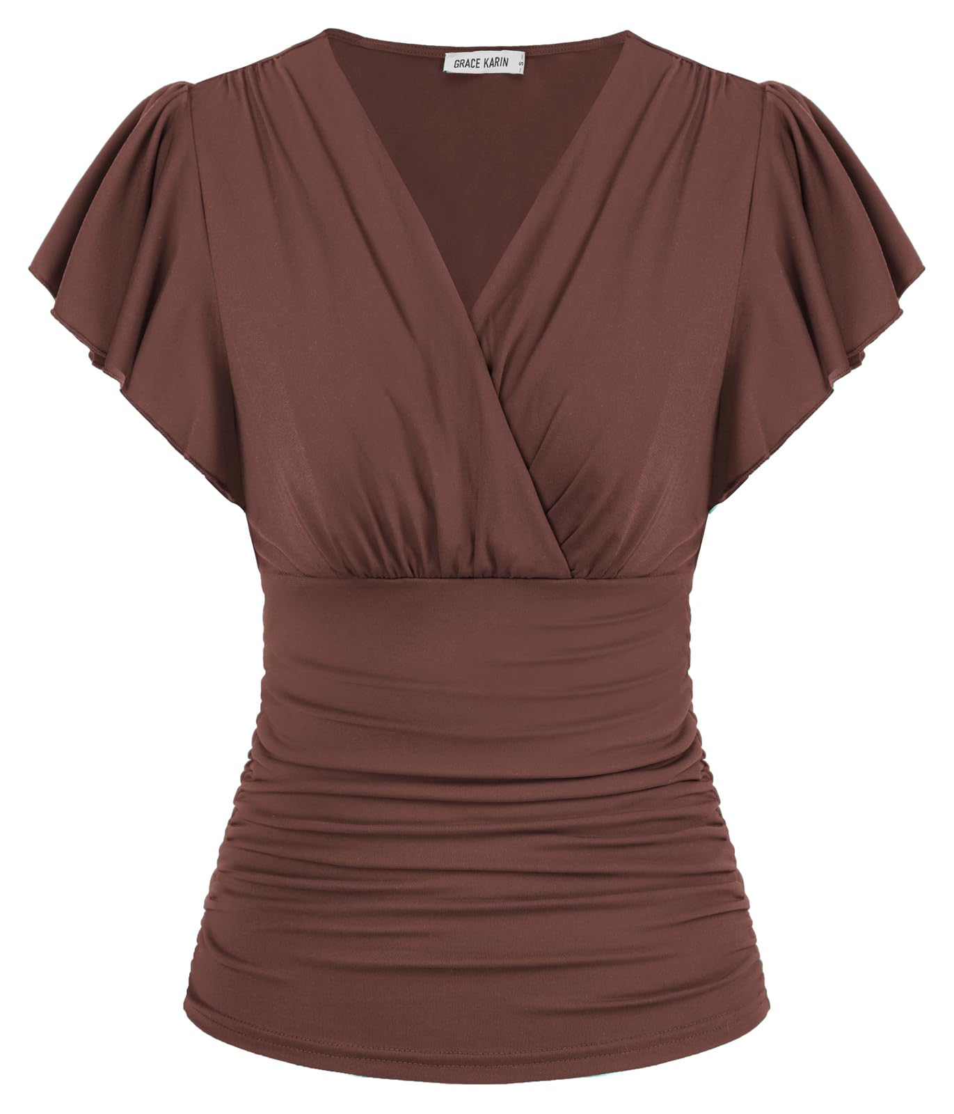 GRACE KARIN 2025 Womens Tops Summer Wrap Blouse V Neck Ruffle Sleeve Dressy Casual Top Ruched Trendy Clothes