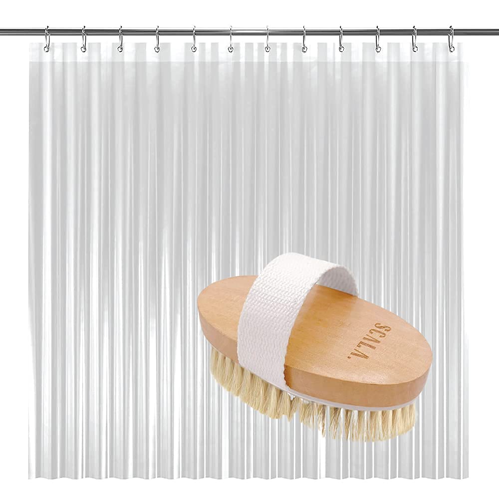 LiBaLiBa 72" W x 72" H Shower Curtain Liner and Exfoliator Brush - PEVA Heavy Duty Liner, Waterproof, Odorless with Scala Dry Body Brush, Exfoliates Dead Skin
