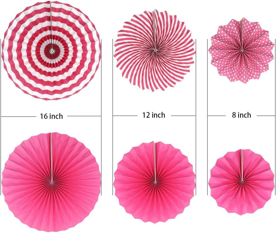 Image of 6 pcs Pink Hanging Paper Fans for Party Decoration Colorful Patterns Party Fans for Birthday Anniversary Bridal Shower Baby Shower Christmas Diwali & Wedding Decor (Pack of 6, Pink)