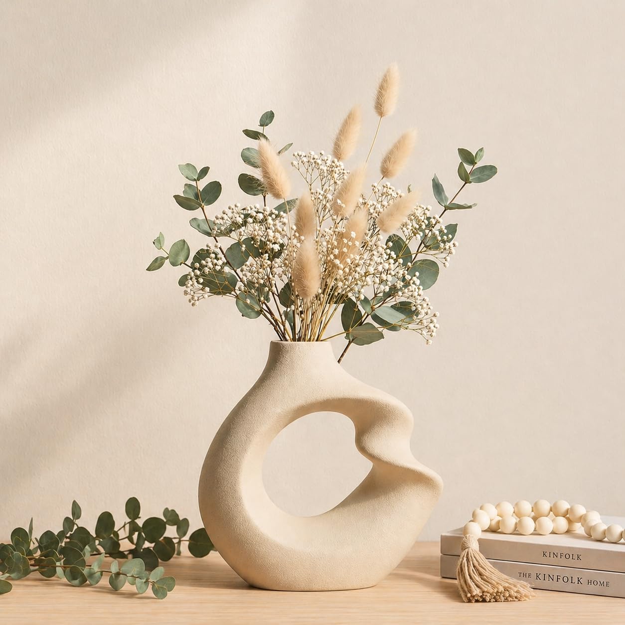 MahganyaWhite Ceramic Donut Twist Vase, 6 Inch Modern Flower Vase for Pampas Grass, Dried Flowers, Home & Office Decor, Centerpiece, Handcrafted Gift Vase Only-image-43