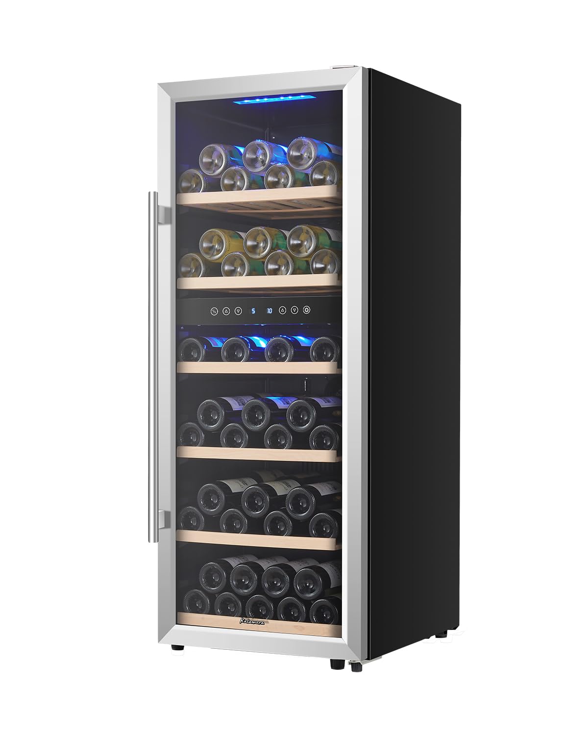 Kalamera KRC-73BSS Frigorifero Vino Designer, Fino a 73 Bottiglie (310mm Altezza), 2 Zone 5-10°C/10-18°C, Compressore, Pannello LED, Porta Inox Illuminata