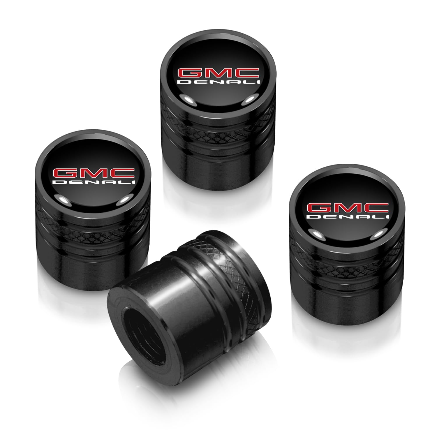 iPick Image for GMC Denali in Black on Black Aluminum Cylinder-Style Tire Valve Stem Caps