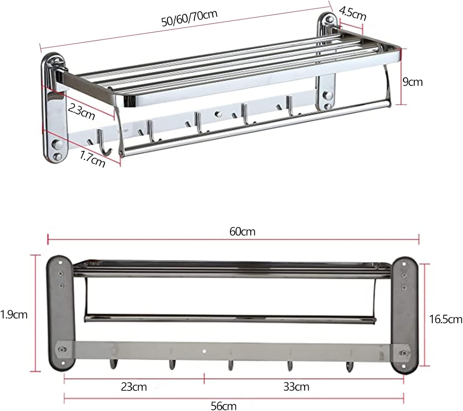 Towel Shelf Multi-Function Towel Rack with Hook Storage Shelf 304 Stainless Steel Towel Holder Wall Mounted Bath Towel Rail Bar for Bathroom Kitchen (Size : 19.7inch(50cm))