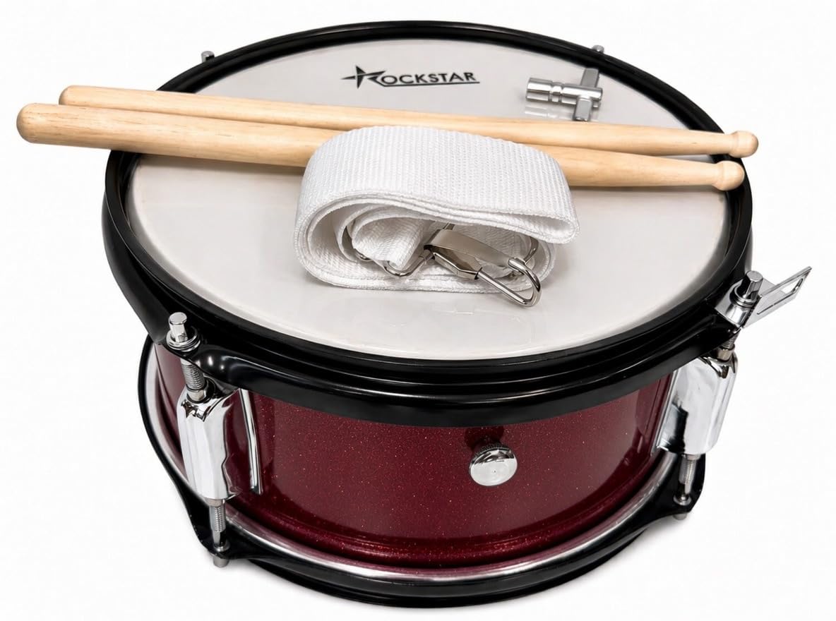 ROCKSTAR - Caja de Marcha en Madera Afinable JINBAO 1055WR-4054 Tambor Incluye Correa y Baquetas, Instrumento Musical de Percusión, Parche afinable y bordonero. 26cm Diametro y 13cm Altura