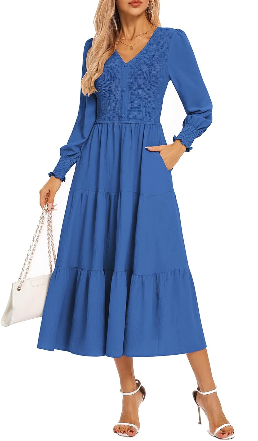 Kate Kasin Womens Long Sleeve Mixi Dress, Smocked Work Dress with Pockets, Elegant Fall Dresses 2025