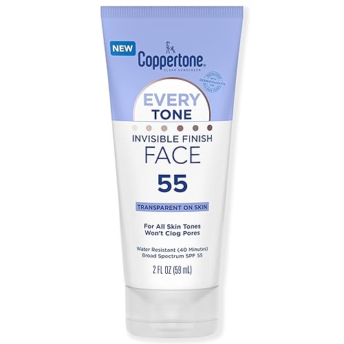 Coppertone Every Tone Invisible Finish - Loción facial SPF 55, ligera, frota en protector solar transparente para todos los tonos de piel, formulado